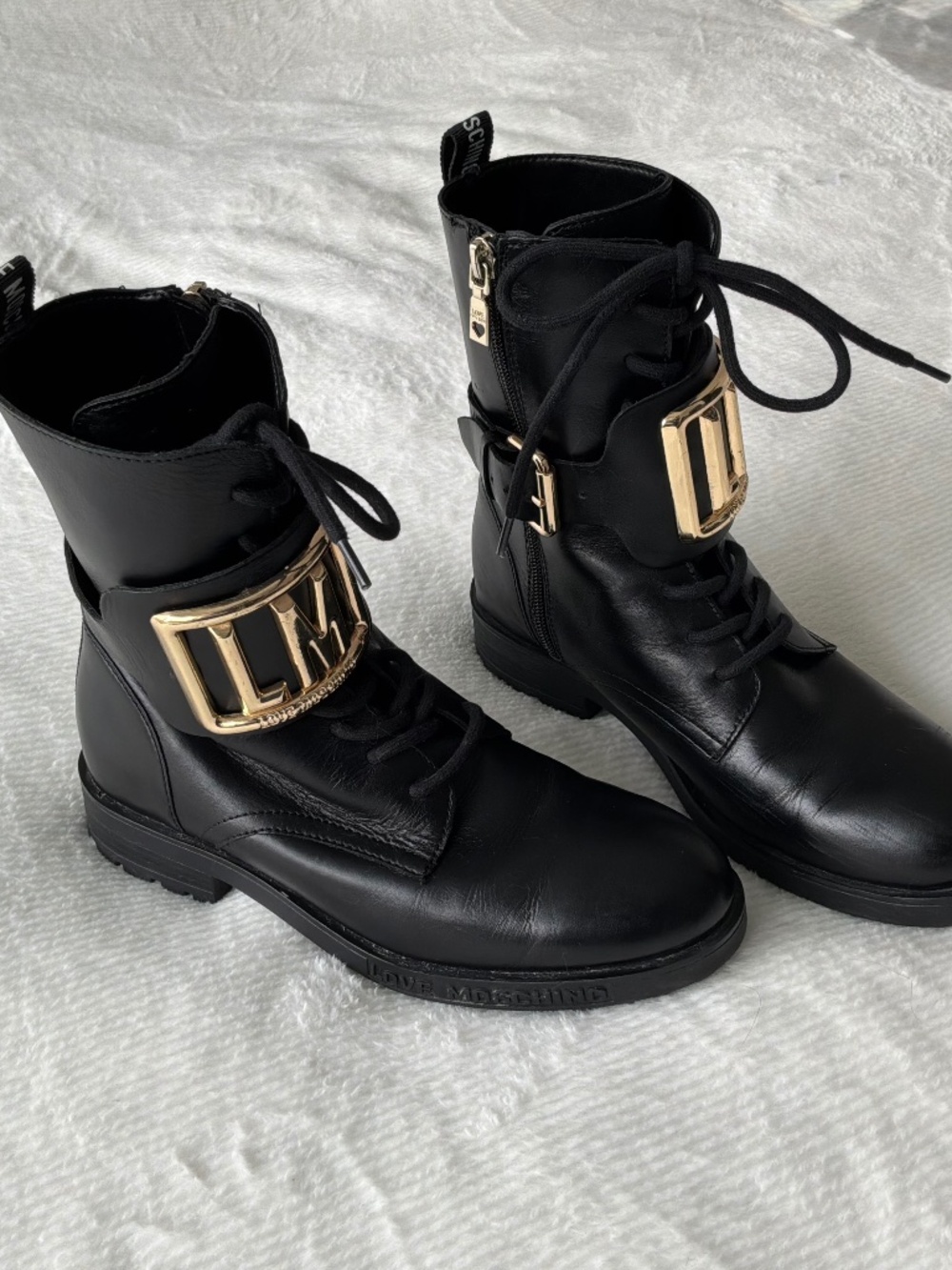 Black Combat Boots with Gold Buckle Hardware - Luxe Moto Style